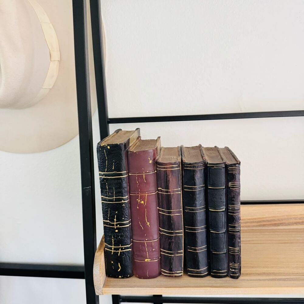 VINTAGE Black Red Burgundy Gold Painted Faux Book Bookends Rustic Shelf Decor